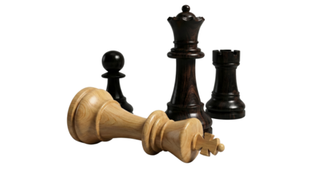 Dramatic chess game scene featuring a fallen king piece on transparent backdrop