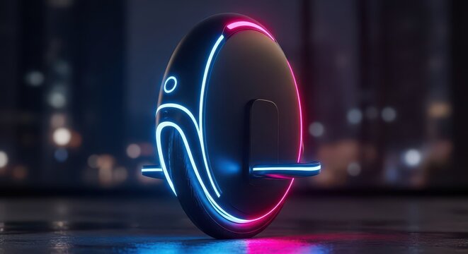 Futuristic personal transportation device glows with neon lights against a blurred urban night backdrop - Powered by Adobe