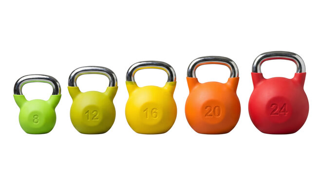 Gradient of kettlebells, showcasing progressive weights for fitness training regimes, Isolated
