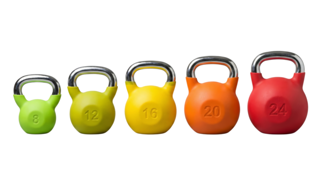 Gradient of kettlebells, showcasing progressive weights for fitness training regimes, Isolated