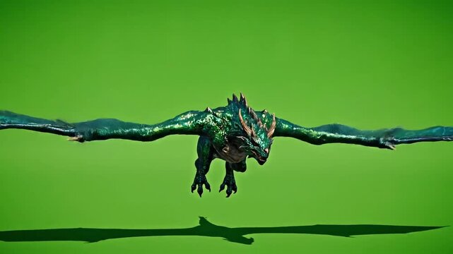 Majestic emerald dragon soars against a vibrant green screen, ready for fantasy adventures and mythical storytelling in your next creative project