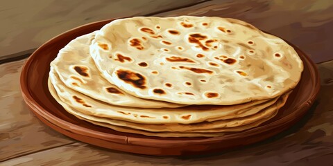 A rustic wooden table with stacks of soft wheat tortillas, perfect for wraps and dips.