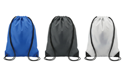 Vibrant trio of drawstring backpacks, displaying blue, grey and white colors on a clean design