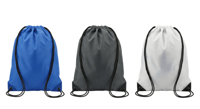 Vibrant trio of drawstring backpacks, displaying blue, grey and white colors on a clean design