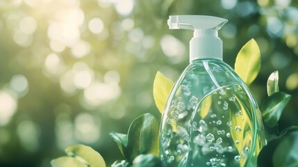 A green hand soap with a pump dispenser, showing bubbles as they form on the surface. The background is blurred with soft sunlight filtering through leaves.