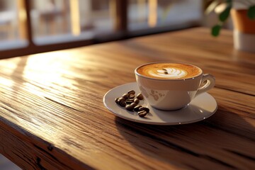 A cappuccino on a wooden table, with coffee beans and steam rising off the top of the cup.