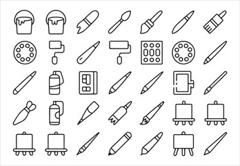 Art and painting tools icon set in outline style creative artist supplies and instruments