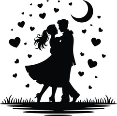Romantic moonlight dance falling hearts silhouette