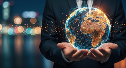 Businessman holds glowing earth digital sphere in hands global network concept