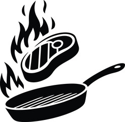 Sizzling steak on fire grill pan silhouette
