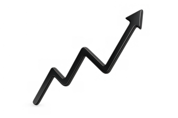 Black financial arrow chart showing progress and growth moving up on a transparent background