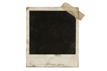 Old paper instant film frame with torn, distressed edges and masking tape. Transparent background offering versatile design element