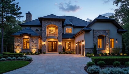 Luxurious modern mansion exterior at dusk features stone accents, manicured landscaping. Warm interior lights illuminate large windows, entryway, creating inviting ambiance. Driveway, walkways paved,