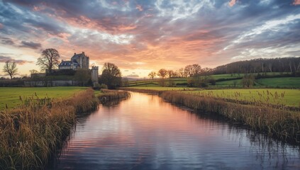 Painting of a historic stone castle beside a small river, surrounded by green meadows and rolling hills