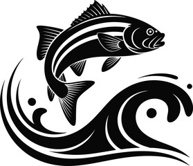 Stripped bass leaping from an ocean wave silhouette