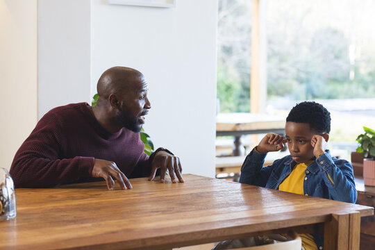 African American father and son talking at dining table with cloche, plants while boy plugging ears