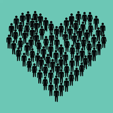 A large group of diverse people forming a heart shape against a vibrant teal background symbolizing unity and connection