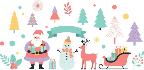 Whimsical christmas scene featuring santa claus a snowman and a reindeer with a sleigh full of gifts surrounded by festive trees and decorative elements