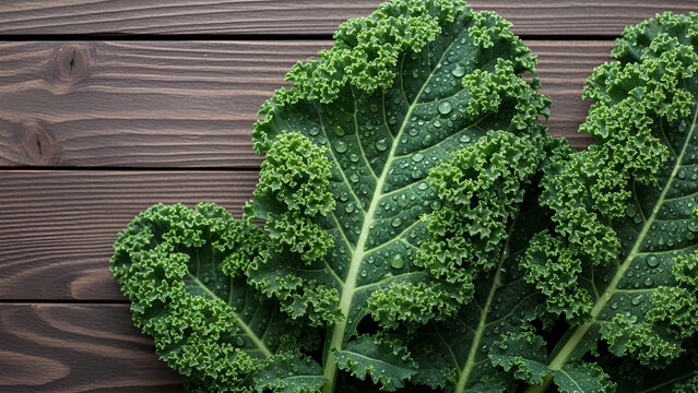 Curly Kale Leaves with Water Drops PNG. Fresh green cabbage vegetable on wooden table. Organic healthy salad ingredient for diet. Farm harvest superfood background. Raw vegetarian nutrition closeup