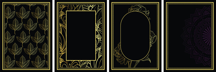 Four darkly framed panels with varied textures and shapes