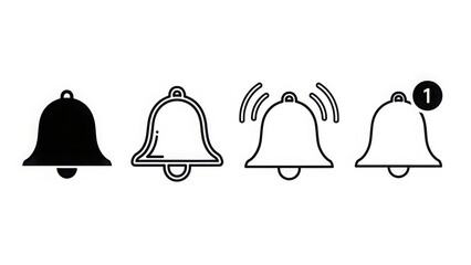 Four bell icons in various styles including solid outline and notification indicator with number one