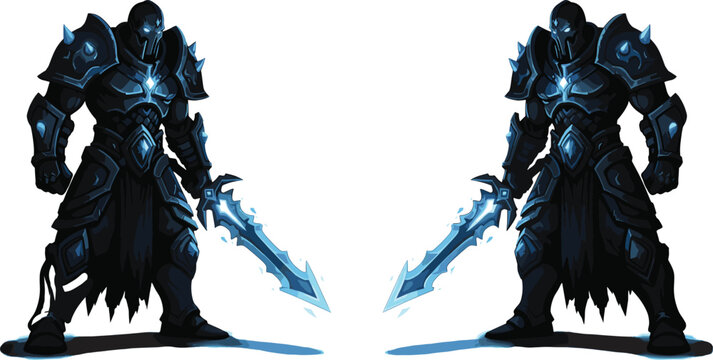 Armored warrior silhouette, fantasy character, double axe, glowing armor, blue accents, battle pose, vector, e art, digital, graphic, illustration, menacing,  erfuatic, pt