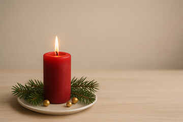 Cozy red candle burning with festive holiday decorations for a warm winter celebration, perfect for Christmas cards and seasonal greetings