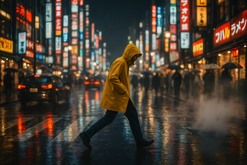 Walking through vibrant Tokyo rain at night in stylish yellow raincoat, a modern urban experience with a touch of adventure and resilience