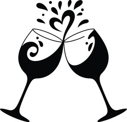 Toasting wine glasses with a heart shaped splash silhouette