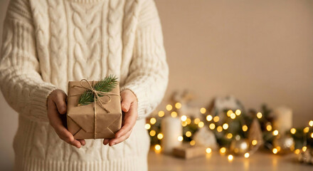Warm holiday wishes conveyed by a person holding a beautifully wrapped Christmas present, perfect for seasonal marketing and heartfelt greeting cards