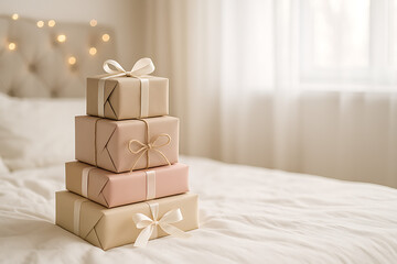 Beautifully wrapped gifts stacked on cozy bed create festive cheer perfect for holiday promotions and celebratory campaigns, evoking joy and anticipation