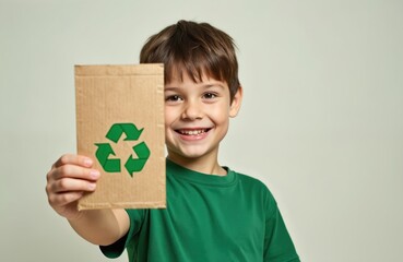 Happy kid holds cardboard with a recycle sign. Smiling boy in green t-shirt promotes eco-friendly behavior. Children education about nature and environment protection.