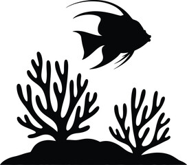 Vibrant tropical fish and coral reef silhouette design