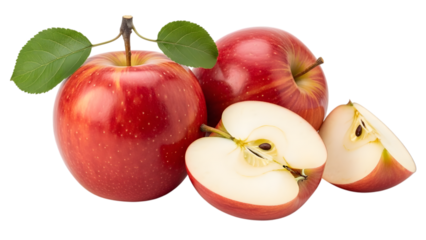 Fresh red apples with leaves and slices on a black background