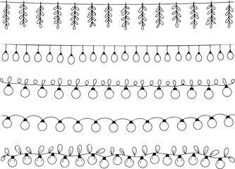 Five Strings of Festive Lights and Garlands in a Simple Black and White Line Art Style