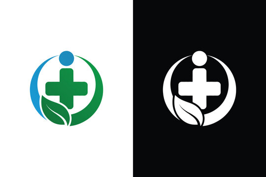 Natural health wellness medical cross leaf logo design