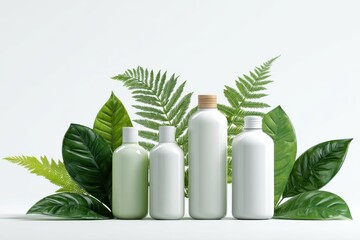 Eco-Friendly Cosmetics: A collection of pristine, minimalist product bottles is artfully arranged with verdant foliage, evoking a sense of purity and natural beauty.