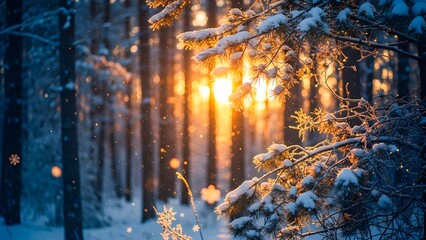 Magical Snowy Forest Sunset with Golden Sun Rays and Bokeh