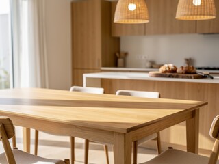 Warm cozy living room with wooden dining or coffee table, natural light Scandinavian interior, empty table top mockup perfect for product placement and lifestyle scenes