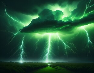 green lightning bolts striking through storm clouds