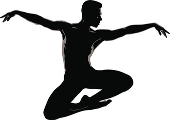 PrintDynamic human silhouette, dance pose, athletic movement, expressive gesture, black and white, mid-air action, artistic form, motion capture, figure