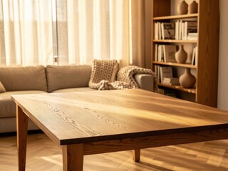 Warm cozy living room with wooden dining or coffee table, natural light Scandinavian interior, empty table top mockup perfect for product placement and lifestyle scenes