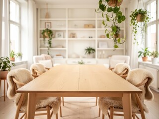 Warm cozy living room with wooden dining or coffee table, natural light Scandinavian interior, empty table top mockup perfect for product placement and lifestyle scenes