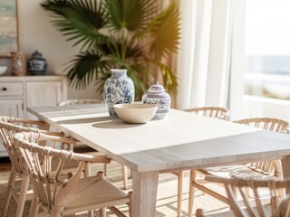 Warm cozy living room with wooden dining or coffee table, natural light Scandinavian interior, empty table top mockup perfect for product placement and lifestyle scenes