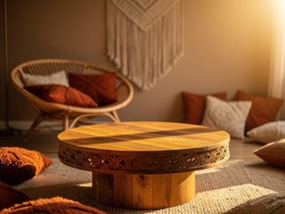 Warm cozy living room with wooden dining or coffee table, natural light Scandinavian interior, empty table top mockup perfect for product placement and lifestyle scenes