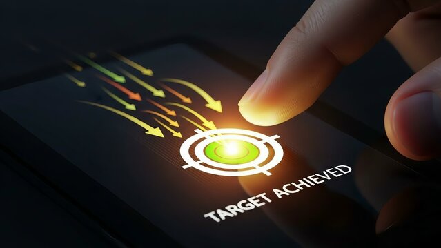 Finger touching a glowing target with arrows indicating success and achievement