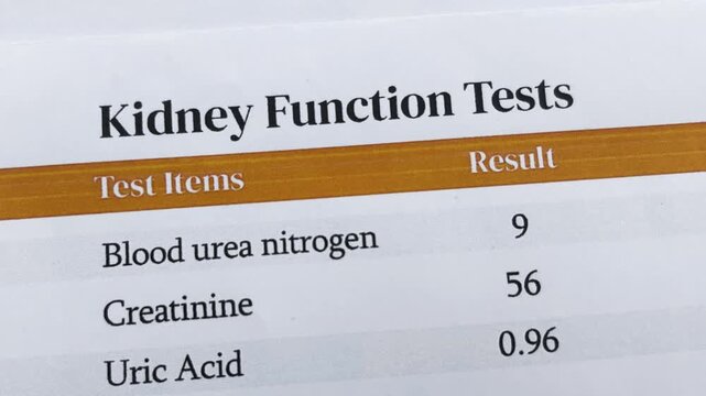 Kidney function test report 4k footage close up with orange bar and result values. Health, medical record.
