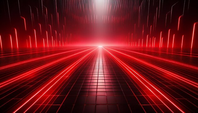 futuristic landscape with repeating red lights creating a patterned grid spotlight above and moody atmosphere - Powered by Adobe