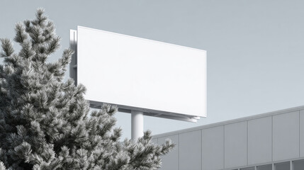 Scheduled for change, a vacant billboard stands tall against a gentle sky. Nearby, lush trees add greenery to the calm urban landscape, hinting at stories yet to be told. Cloud Dancer Color