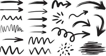 Hand-drawn ink arrows, scribbles & explosive darts. Doodle motion lines with gritty texture. Vector illustration